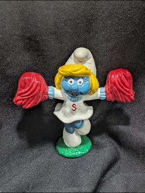 Vintage Smurfette Cheerleader Figurine Toy - Blue, White, Yellow, Red